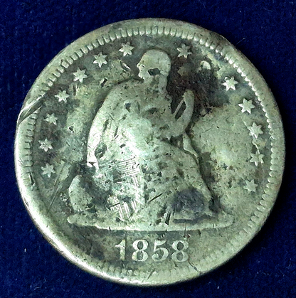 1858 Seated Liberty 90% Silver Quarter Bent VG Features 25C Lincoln/Douglas Era