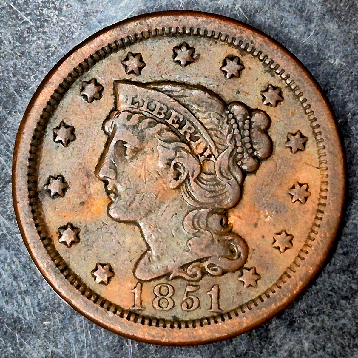 1851 Braided Hair Large Cent XF Extremely Fine N-1 R3 Variety 1C Copper US Coin