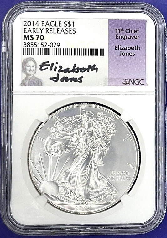 2014 American Silver Eagle NGC MS70 EARLY RELEASES Elizabeth Jones Signed Label