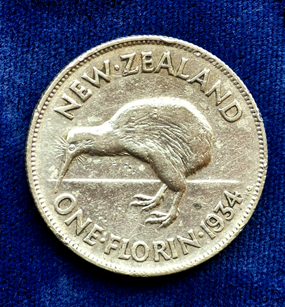 1934 New Zealand One Florin 50% SILVER Coin VF Features