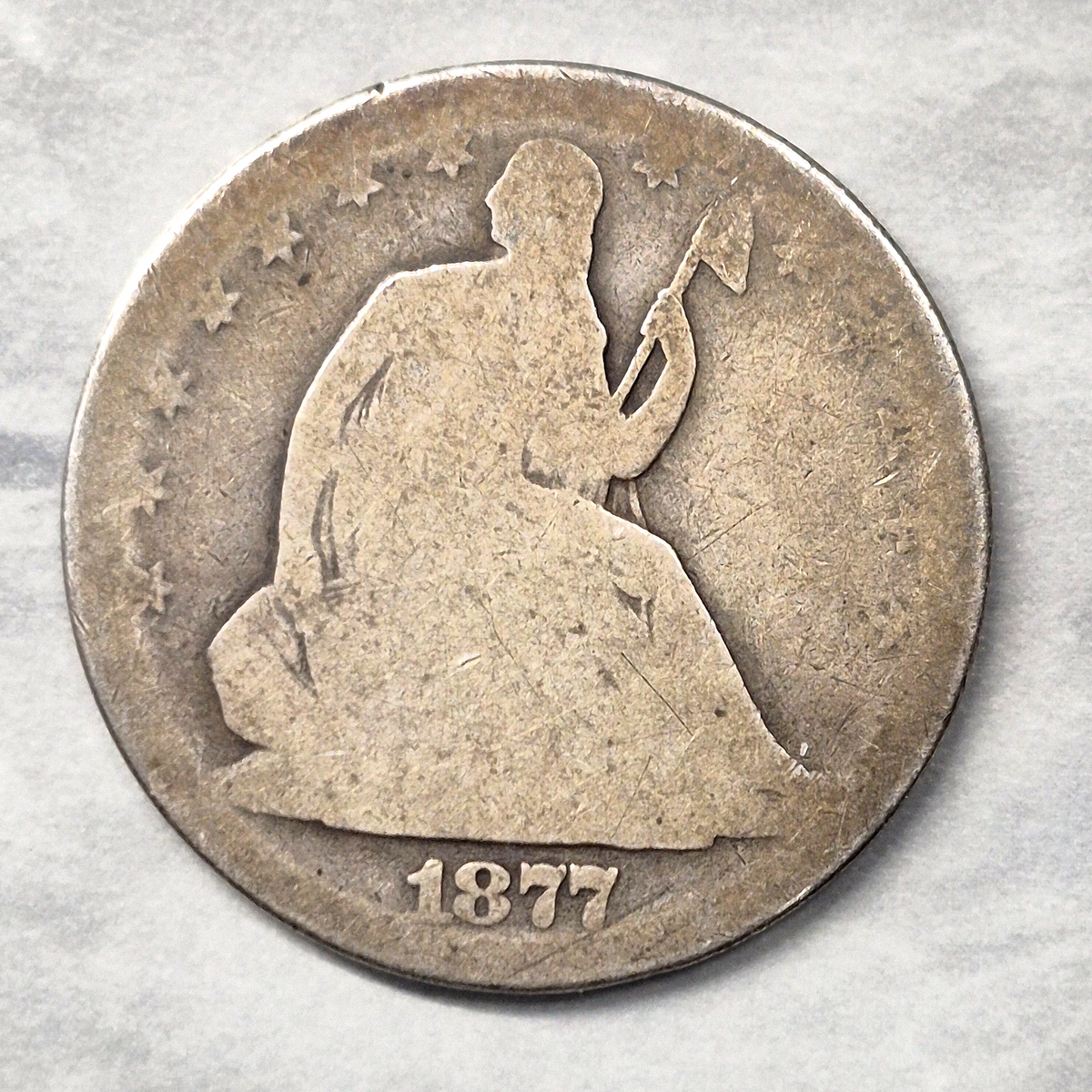 1877 Seated Liberty Half Dollar 90% Silver 50C Philadelphia Mint Type Coin Good