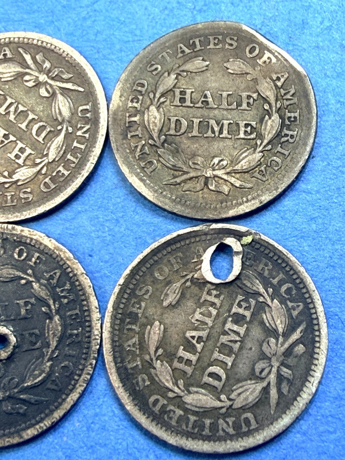 LOT of 4 1857 Seated Liberty Half Dime 90% Silver Holed Clipped Hole Fillers