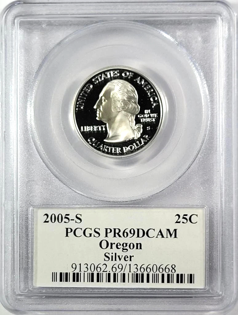 ✅ 2005-S Oregon 90% SILVER Washington Quarter ~ PCGS PR69DCAM State Flag Label