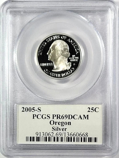 ✅ 2005-S Oregon 90% SILVER Washington Quarter ~ PCGS PR69DCAM State Flag Label