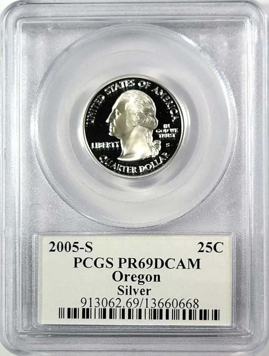 ✅ 2005-S Oregon 90% SILVER Washington Quarter ~ PCGS PR69DCAM State Flag Label