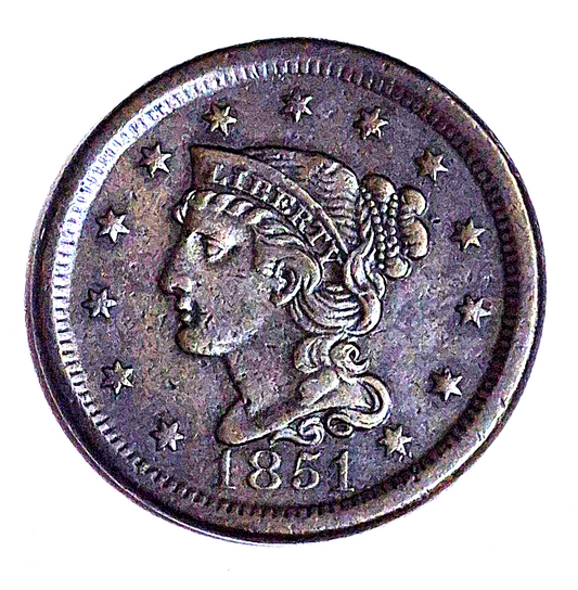 1851 Braided Hair Large Cent With Incredible AU-MS Features Variant N5 Rarity 3