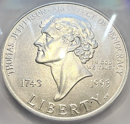 1993 P Thomas Jefferson Silver Dollar (ICG) MS 70 $1 Coin 250th Anniversary OGH