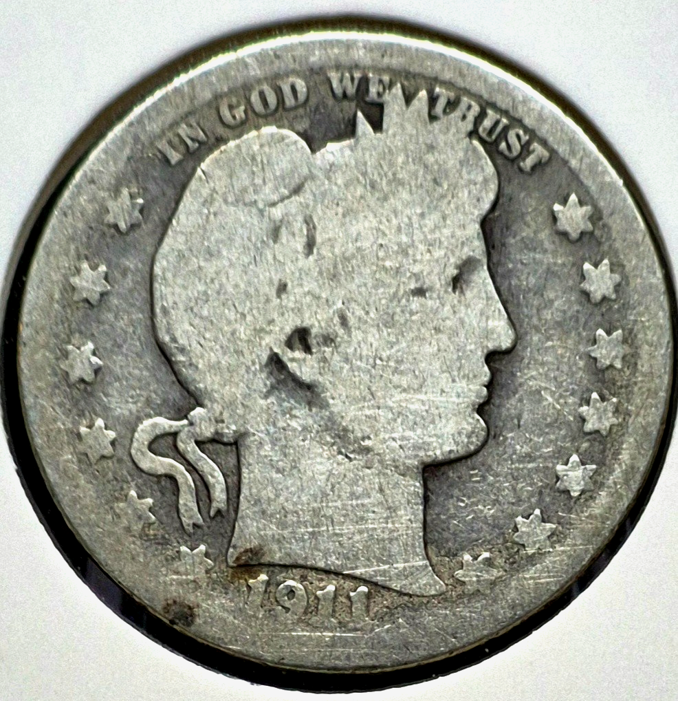 1911 Barber Silver Quarter 90% SILVER Coin Good+ Circulated Features 25C