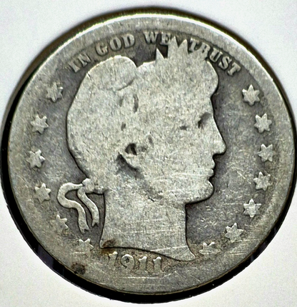 1911 Barber Silver Quarter 90% SILVER Coin Good+ Circulated Features 25C