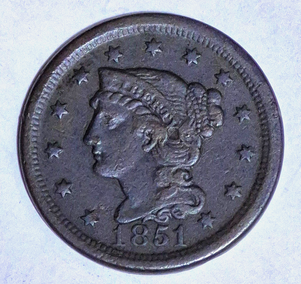 1851 Braided Hair Large Cent Very Fine Plus Features Variant N7 Rarity R1 1C