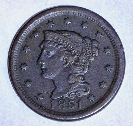 1851 Braided Hair Large Cent Very Fine Plus Features Variant N7 Rarity R1 1C