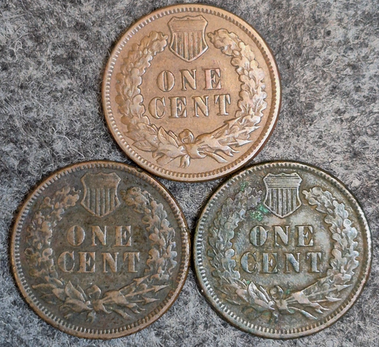 Lot (3) 1874 Indian Head Cents Different Tones Matching VF Features Coins Shown