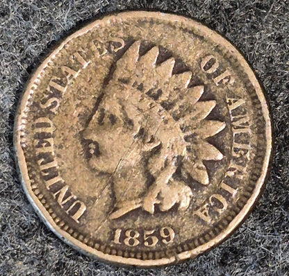 1859 Indian Head Cent First Year VG Features Partial Liberty Coin Shown