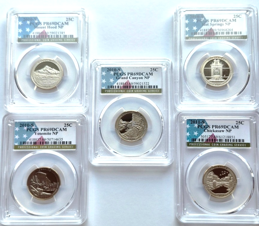 2010 S National Parks 5 Coin Quarter Set PCGS PR69DCAM Special Flag NP Label
