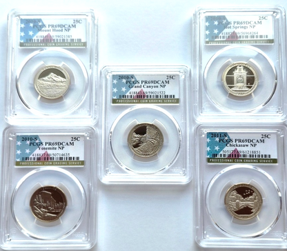 2010 S National Parks 5 Coin Quarter Set PCGS PR69DCAM Special Flag NP Label
