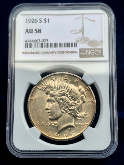 1926 S Silver Peace Dollar $1 Coin San Francisco Mint NGC AU58 Beautiful Toning