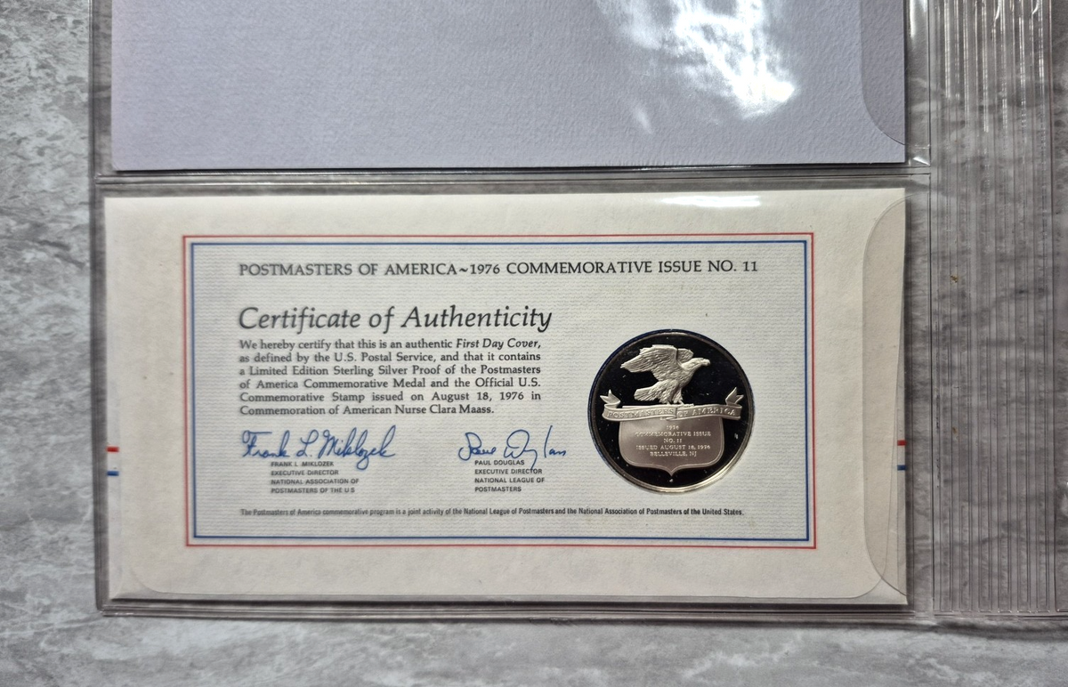 1976 Postmasters of America Clara Maass Sterling Silver Proof Medal FDC Set