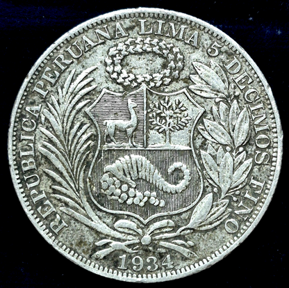 1934 Peru 1 Un Sol 37mm VF+ Features 50% Silver Minted in Philly, Plata, KM218.1