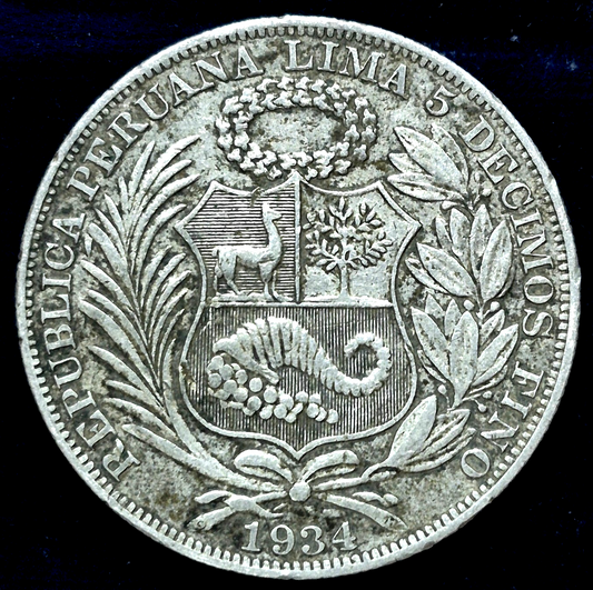 1934 Peru 1 Un Sol 37mm VF+ Features 50% Silver Minted in Philly, Plata, KM218.1