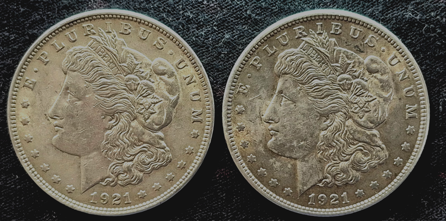1921 Morgan Silver Dollar Normal & Wide Reed Set, Top 100, Toned AU+/MS Features