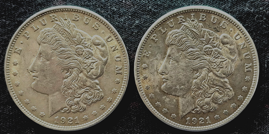 1921 Morgan Silver Dollar Normal & Wide Reed Set, Top 100, Toned AU+/MS Features