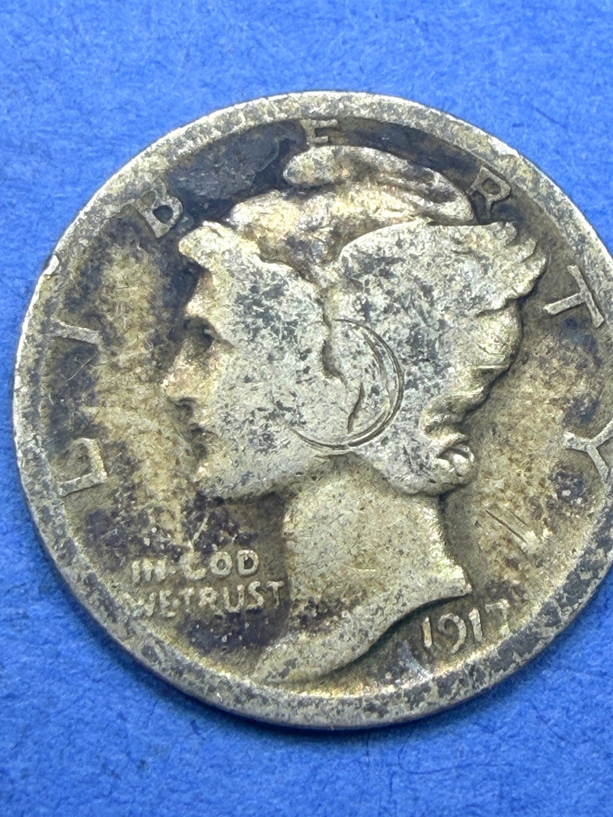 1917 Mercury Dime 10C G Good Golden Toned 90% Silver Winged Liberty US Coin