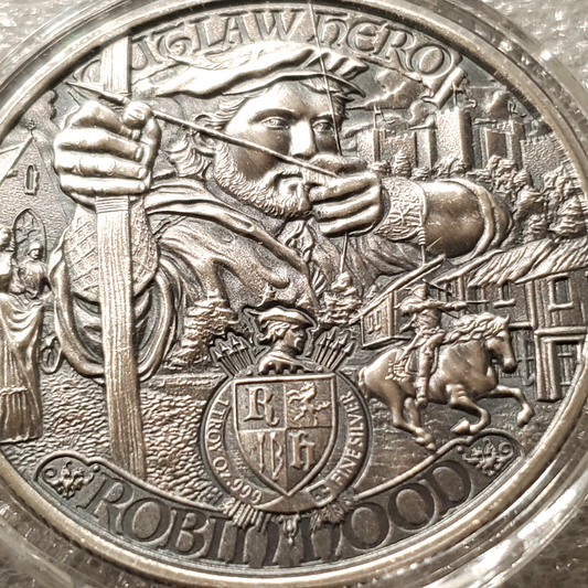 1 oz .999 Silver ROBIN HOOD Antiqued Coin Medieval Legend $2 Niue Outlaw Hero