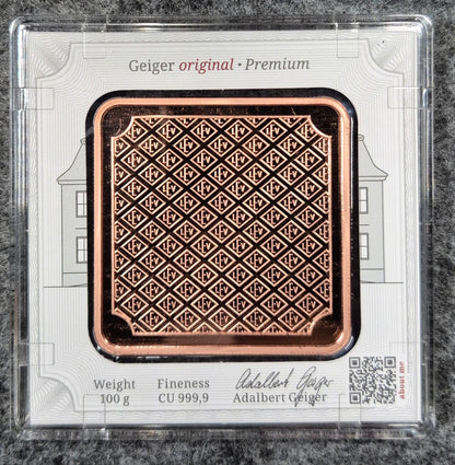 Geiger Edelmatalle Premium 100 Gram 9999 Copper Bar In Mint Assay 5000 Minted