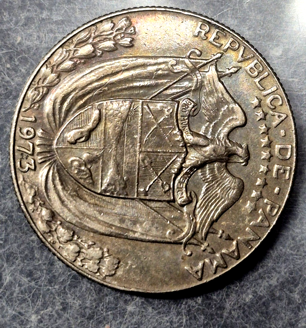 1973 Panama Medio Balboa 1/2 Balboa KM12b Vasco Nunez de Balboa Rainbow Toned XF