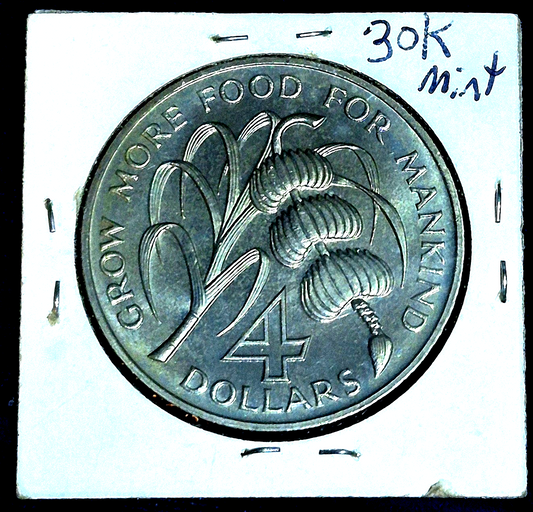 1970 F.A.O. Barbados $4 Dollar Incredible BU Features Only 30K Produced KM-A9