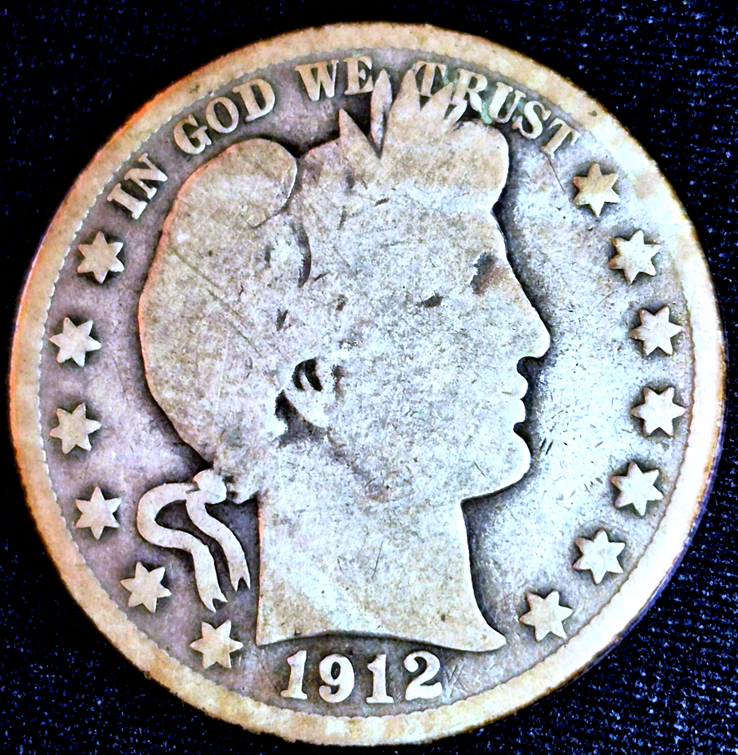 ✅ 1912 S Barber Half Dollar 90% Silver Partial Motto 50C Good Features 