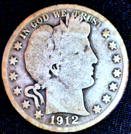 ✅ 1912 S Barber Half Dollar 90% Silver Partial Motto 50C Good Features 