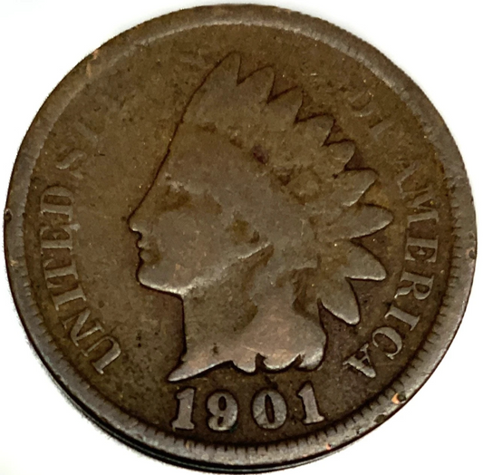 1901 Indian Head Cent Good-Fine (G-F) Average Circulated Condition Bronze Penny