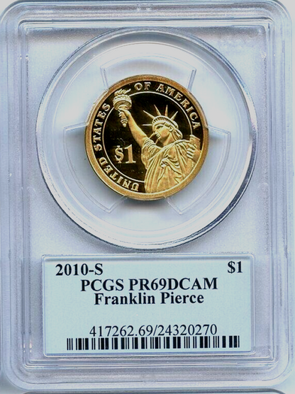 ✅ 2010 S $1 Franklin Pierce Dollar PCGS PR69 DCAM Presidential Dollar Coin Photo