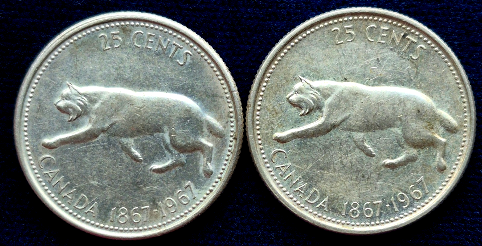 (2) 1867-1967 Canada Lynx Quarter Canadian (1) 80% (1) 50% Silver Coins 25C See