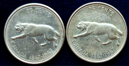 (2) 1867-1967 Canada Lynx Quarter Canadian (1) 80% (1) 50% Silver Coins 25C See