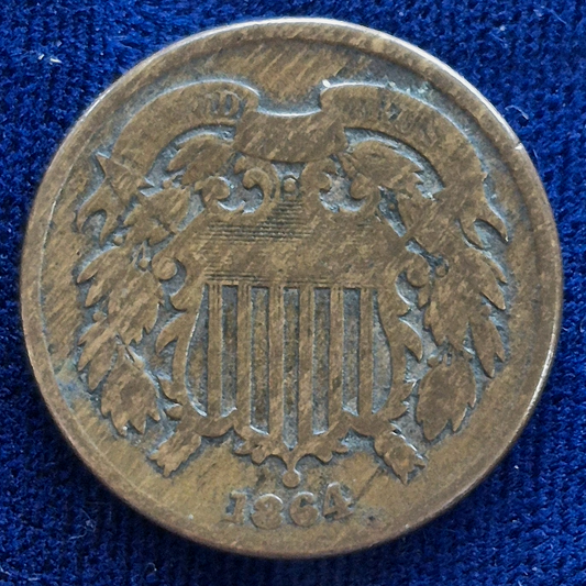 1864 2 Cent Piece Good Features, Large Motto, Civil War Era, 1st With Motto