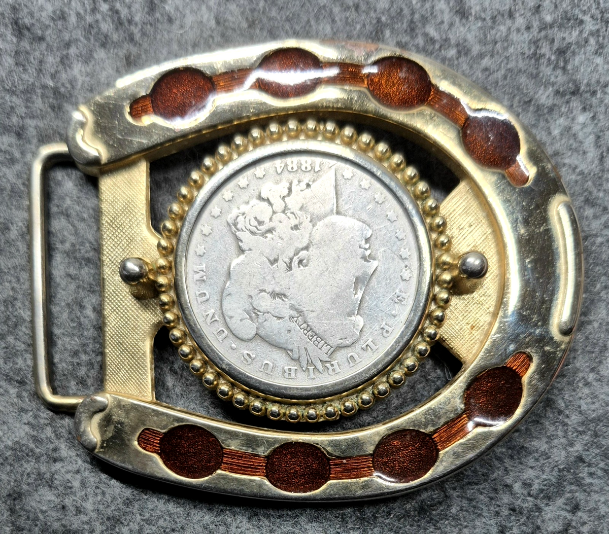 1884 Morgan Silver Dollar Horseshoe Belt Buckle Vintage Western Gold Tone VG