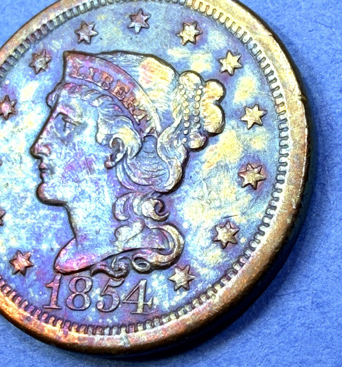 1854 Braided Hair Large Cent 1C XF Super Rainbow Toner Blue Peach Purple Toning