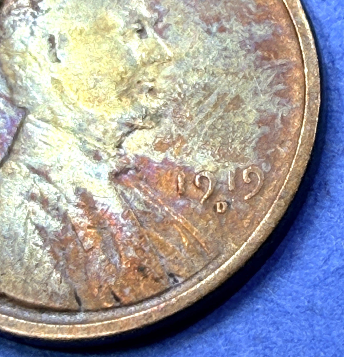1919-D Lincoln Wheat Cent 1C VG Wild Rainbow Toning Gold Magenta Blue US Penny