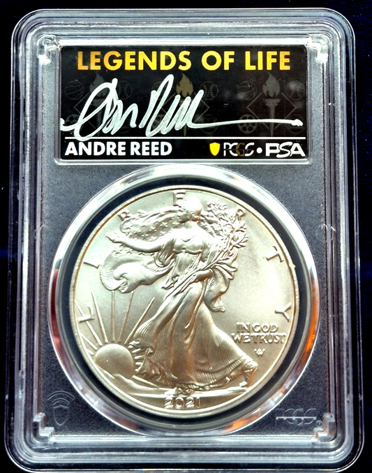 2021 PCGS MS70 Type 2 First Production Silver Eagle, Andre Reed HAND AUTOGRAPHED