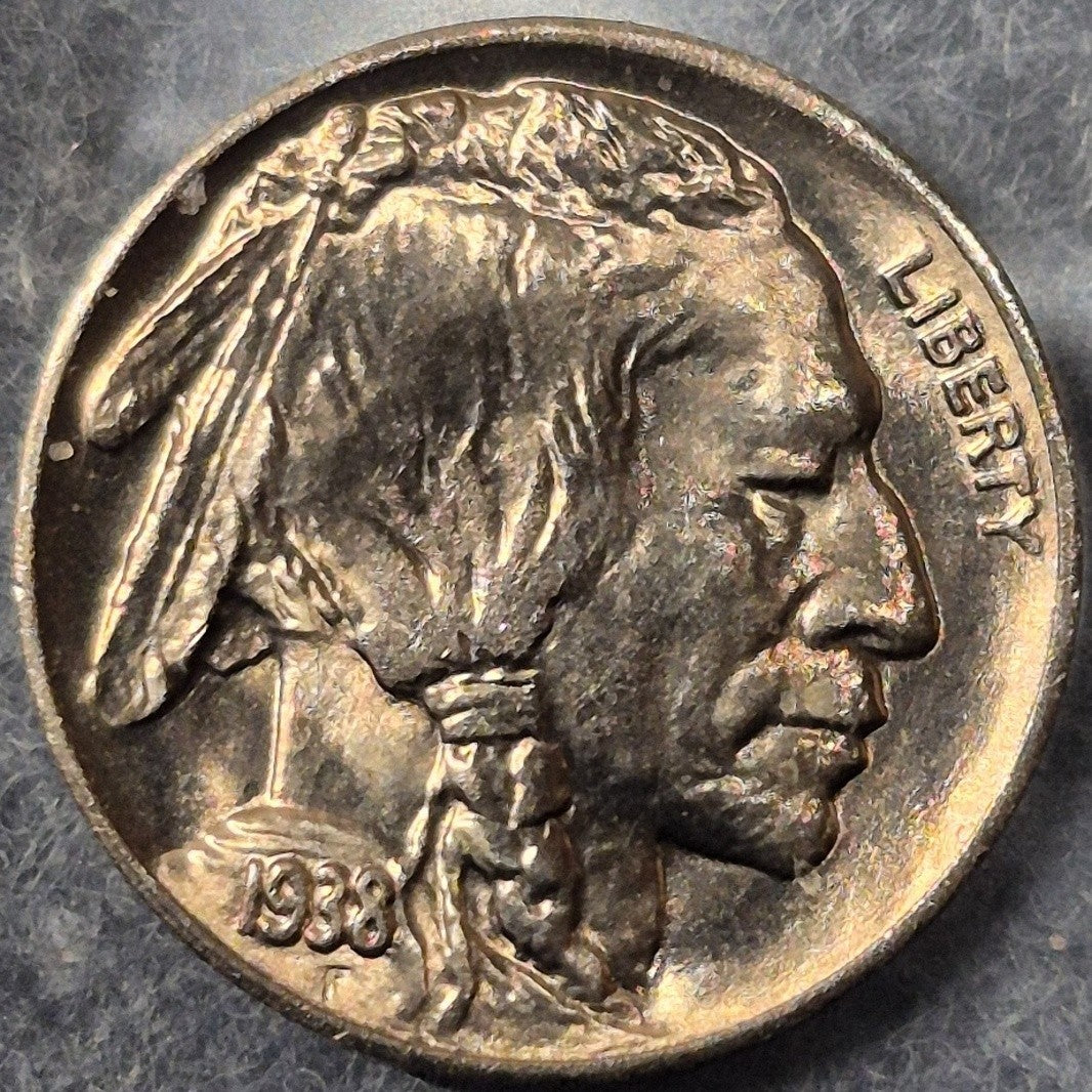 1938-D Buffalo Nickel 5C Last Year of Type Denver Mint Full Horn BU UNC Toned