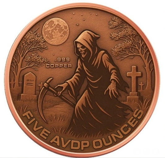 🔥 5 oz Copper Colorized Time's Up Grim Reaper Color Round in Capsule