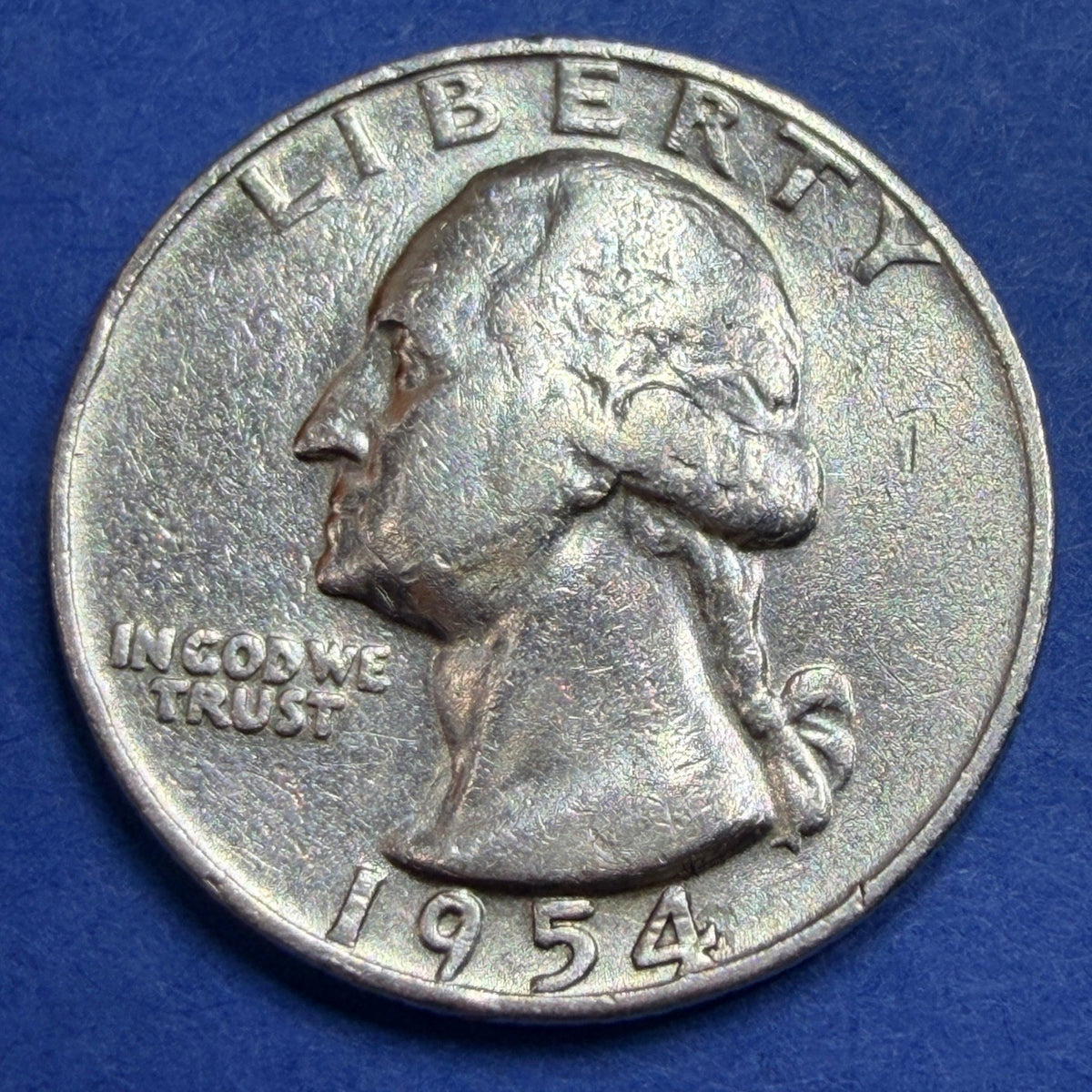 1954-D Washington Quarter 25C AU Rainbow Toned 90% Silver Denver Mint Coin