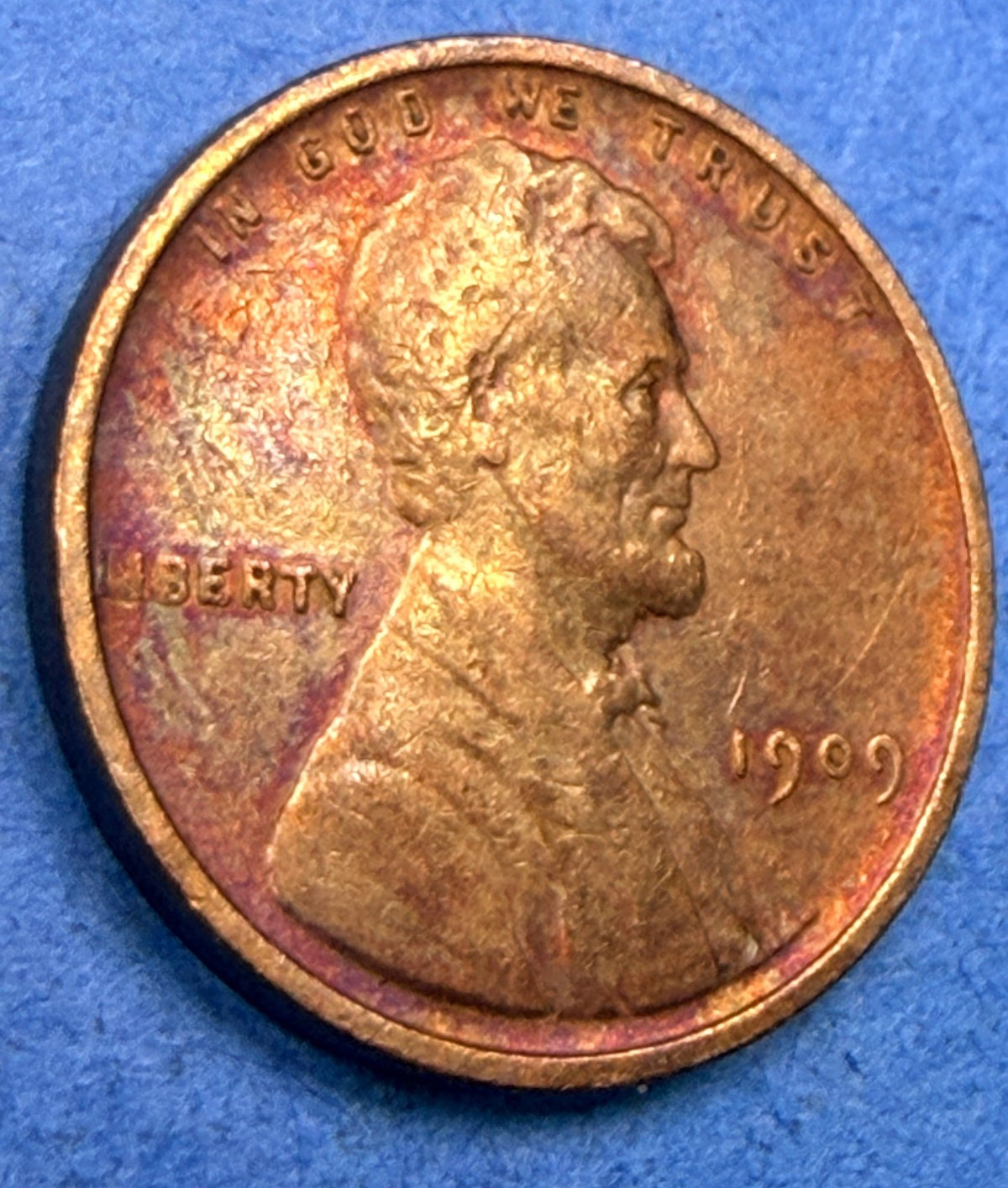 1909 Lincoln Wheat Cent 1C VF Super Toner Rose Magenta Blue Toned First Year US