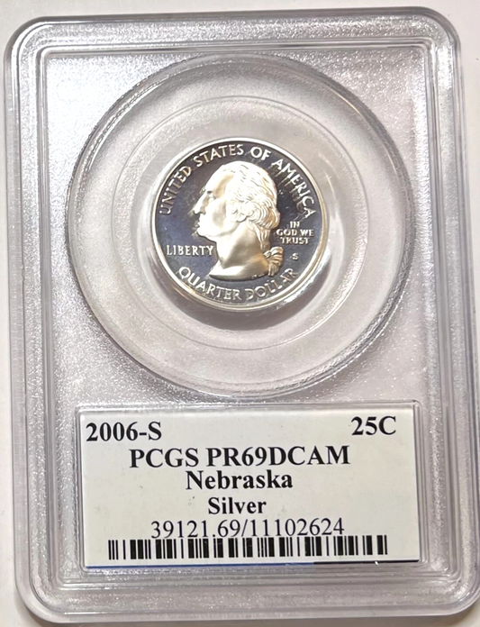 ✅ 2006-S  Nebraska 90% SILVER Washington Quarter~ PCGS PR69DCAM State Flag Label