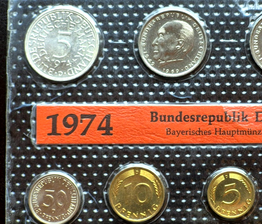 1974 D, Coin Set Germany, The 5 Mark is .625 % SILVER, In Original Blister, OGP