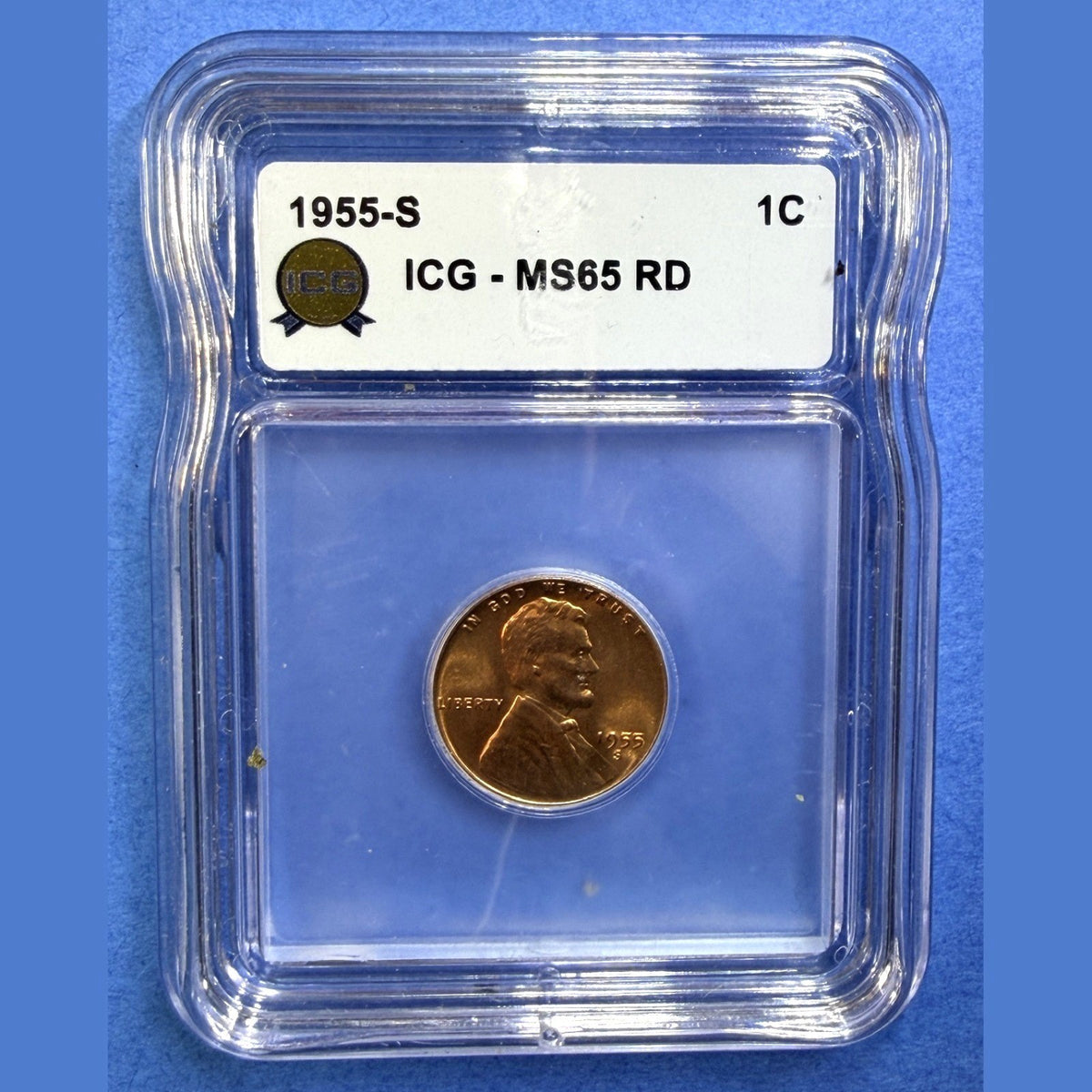 1955-S Lincoln Wheat Cent ICG MS65 RD Last S Mint Cent Until 1968 Full Red Penny