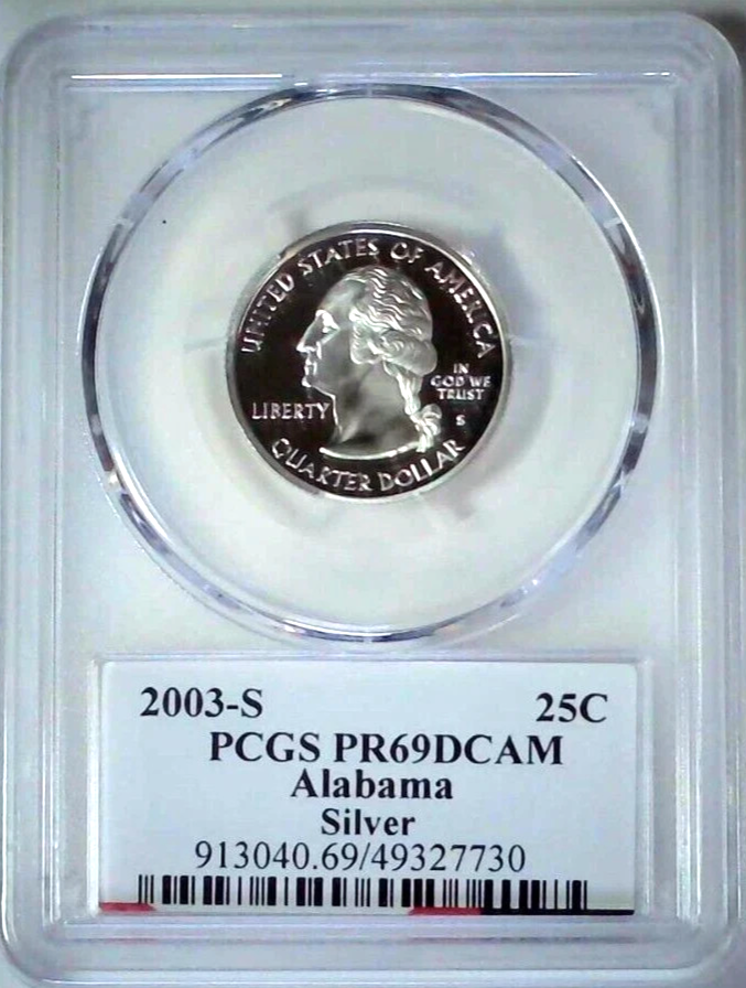 ✅ 2003-S Alabama 90% SILVER Washington Quarter ~PCGS PR69DCAM State Flag Label