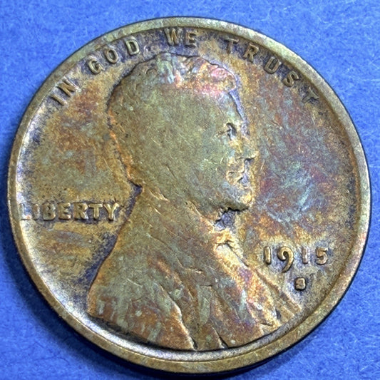 1915-S Lincoln Wheat Cent 1C VF Very Fine Blue Toned San Francisco Mint US Coin